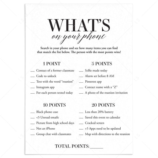 Printable Class Reunion Icebreaker Game What's On Your Phone by LittleSizzle