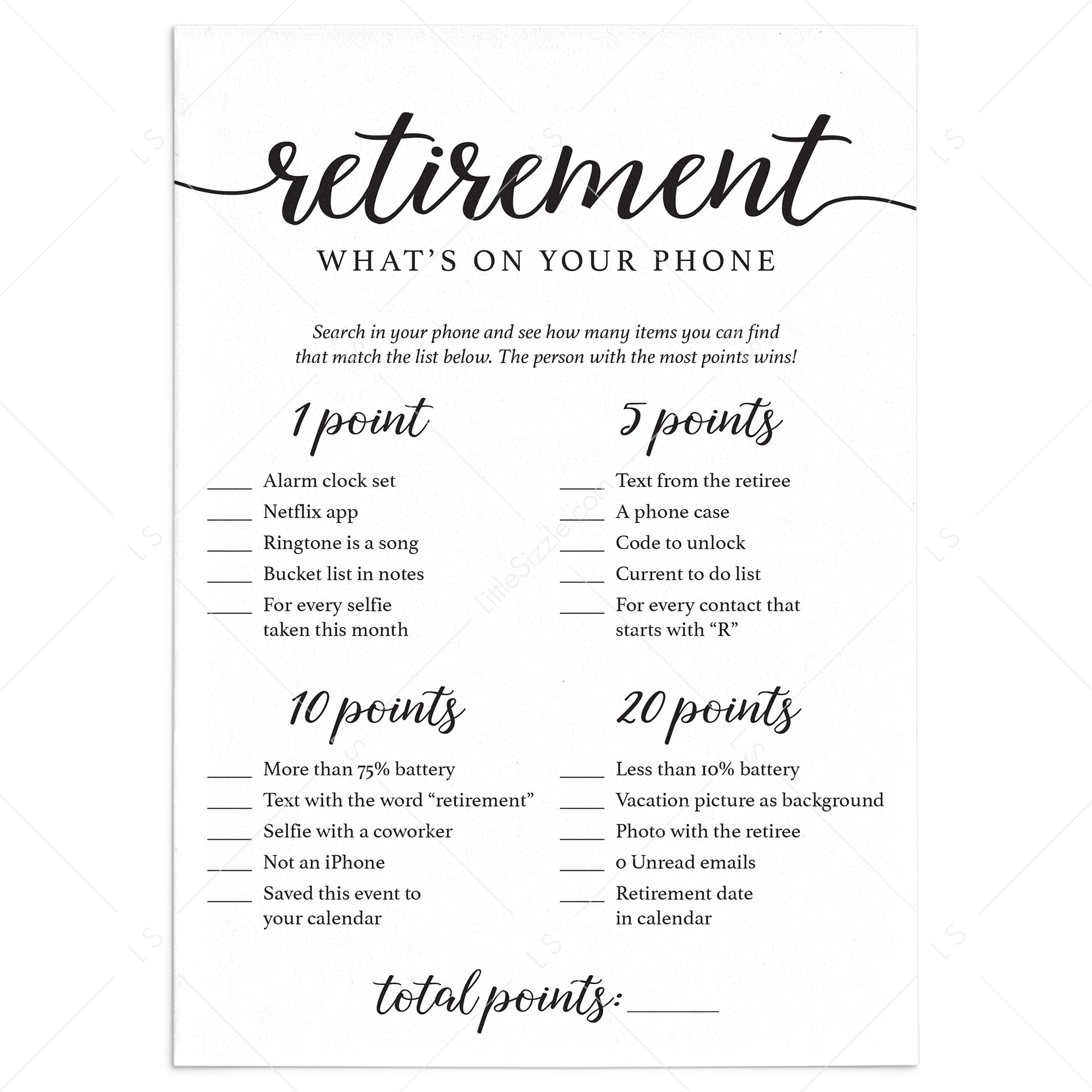 Retirement What's On Your Phone Game Printable by LittleSizzle