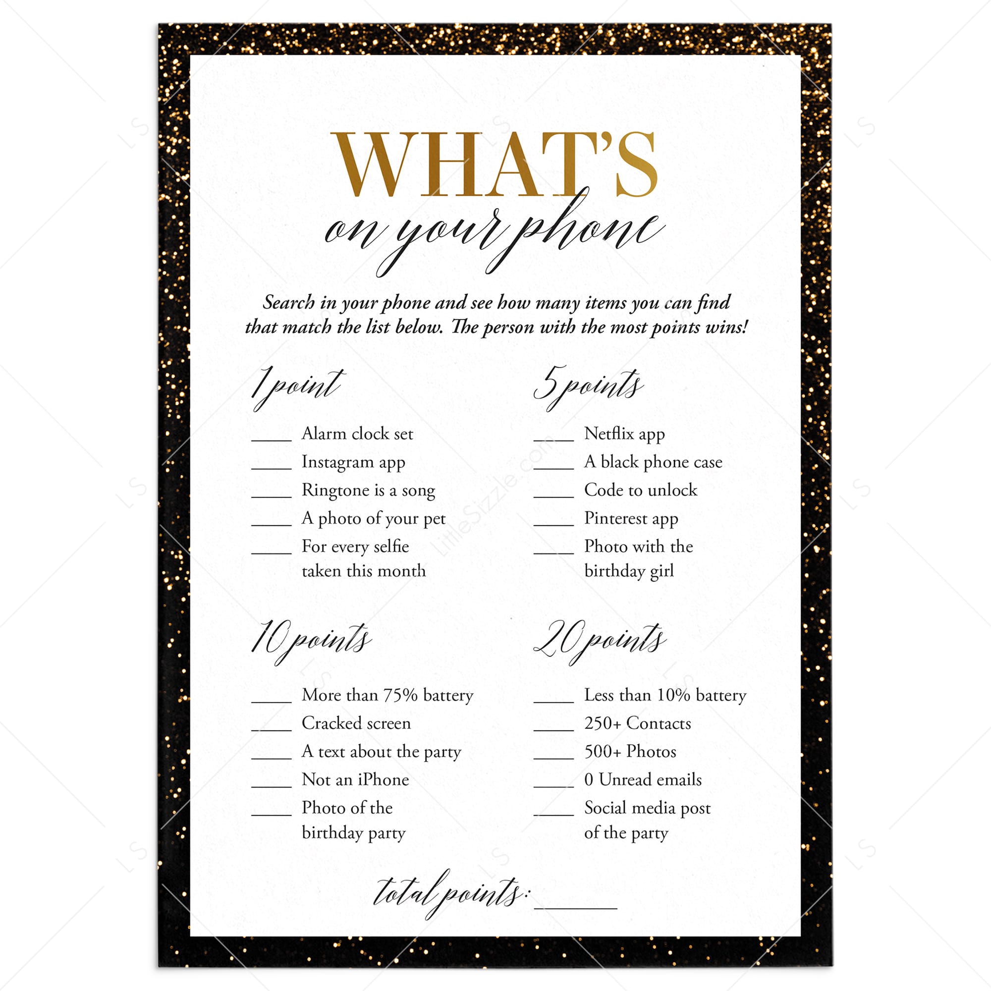 Gold and Black Birthday Party Game Whats On Your Phone Printable by LittleSizzle