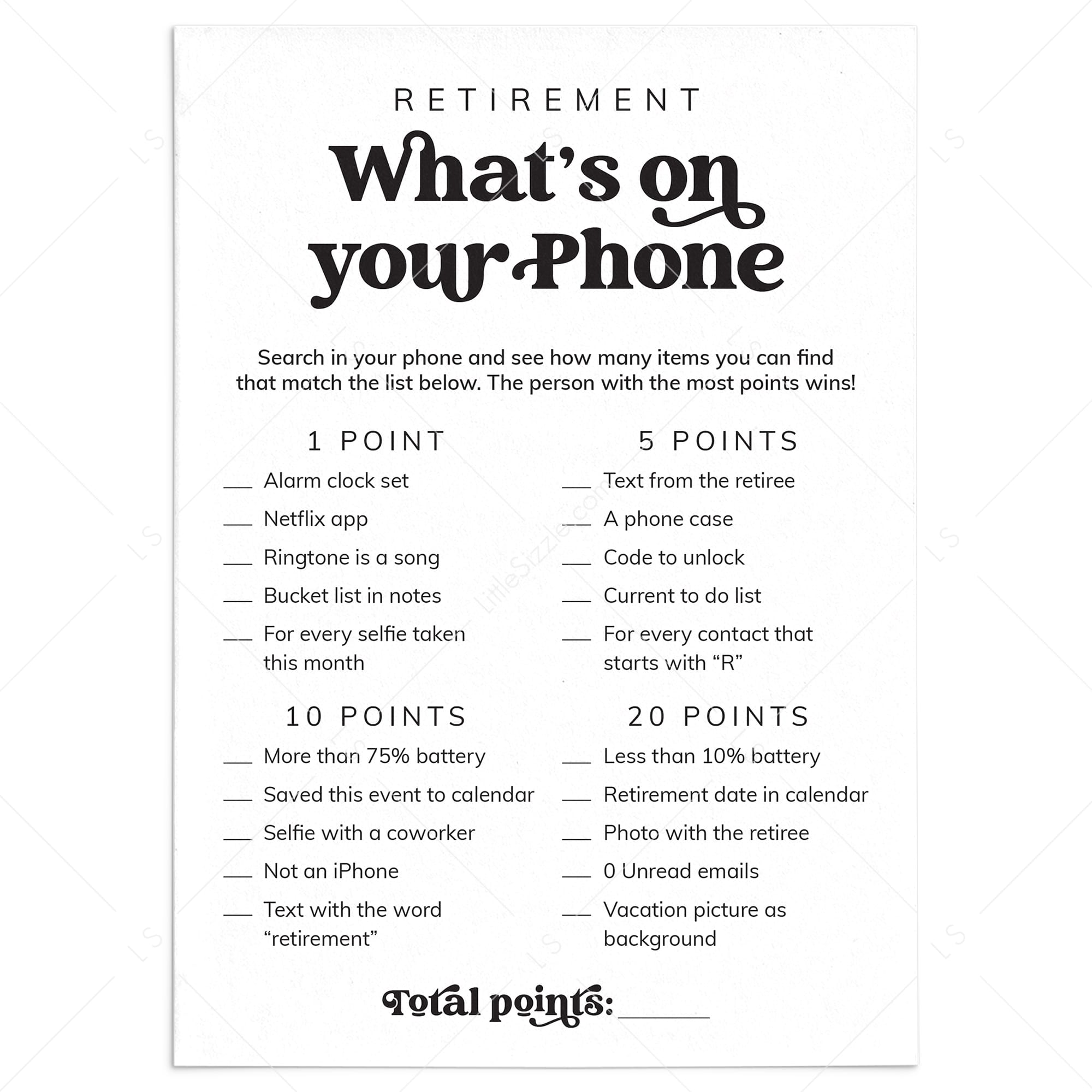 Retirement Party What's On Your Phone Raid Game Printable by LittleSizzle