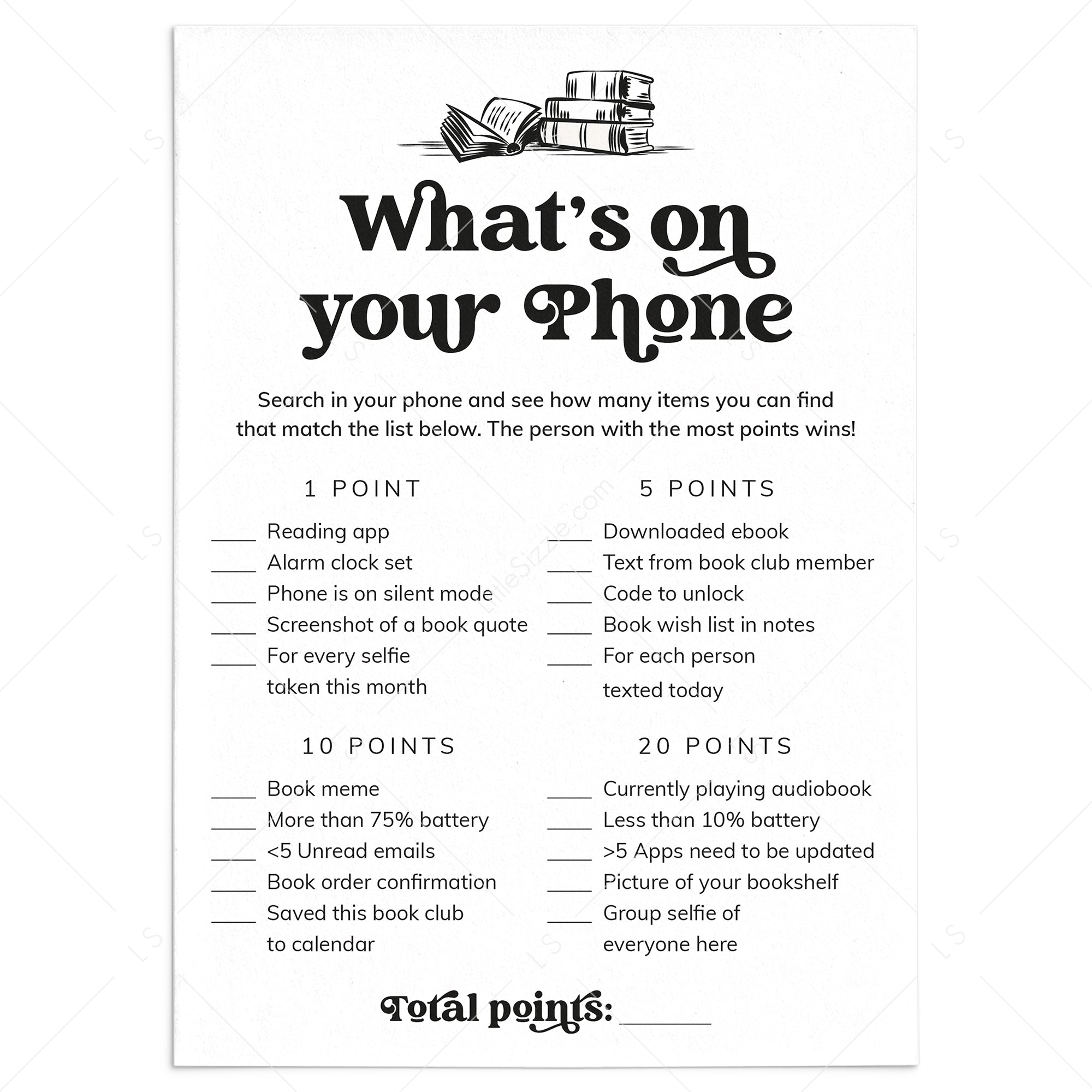 What's On Your Phone Book Club Icebreaker Game Printable by LittleSizzle