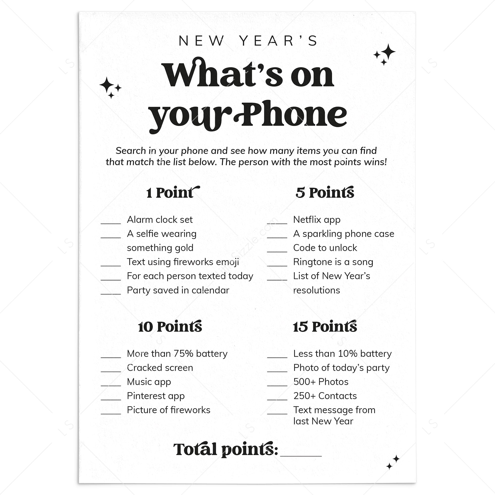 New Year's Eve What's On Your Phone Game Printable by LittleSizzle