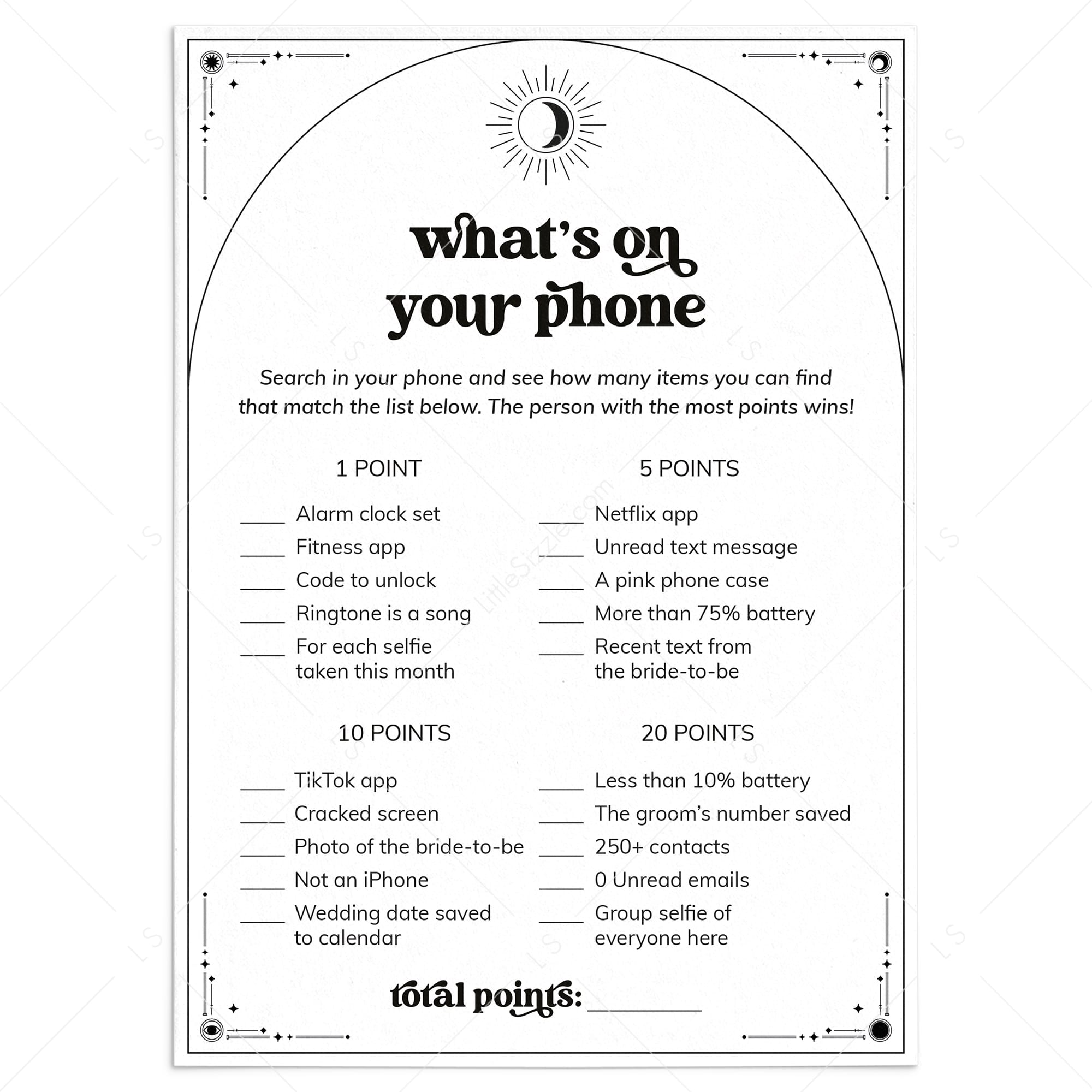 Written In The Stars Wedding Shower Game What's On Your Phone Printable by LittleSizzle