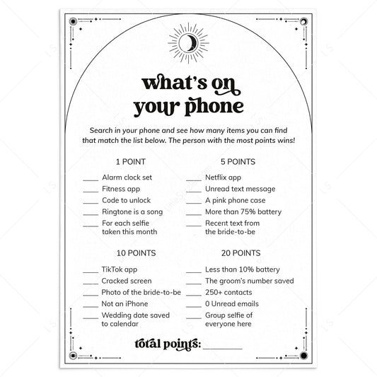 Written In The Stars Wedding Shower Game What's On Your Phone Printable by LittleSizzle