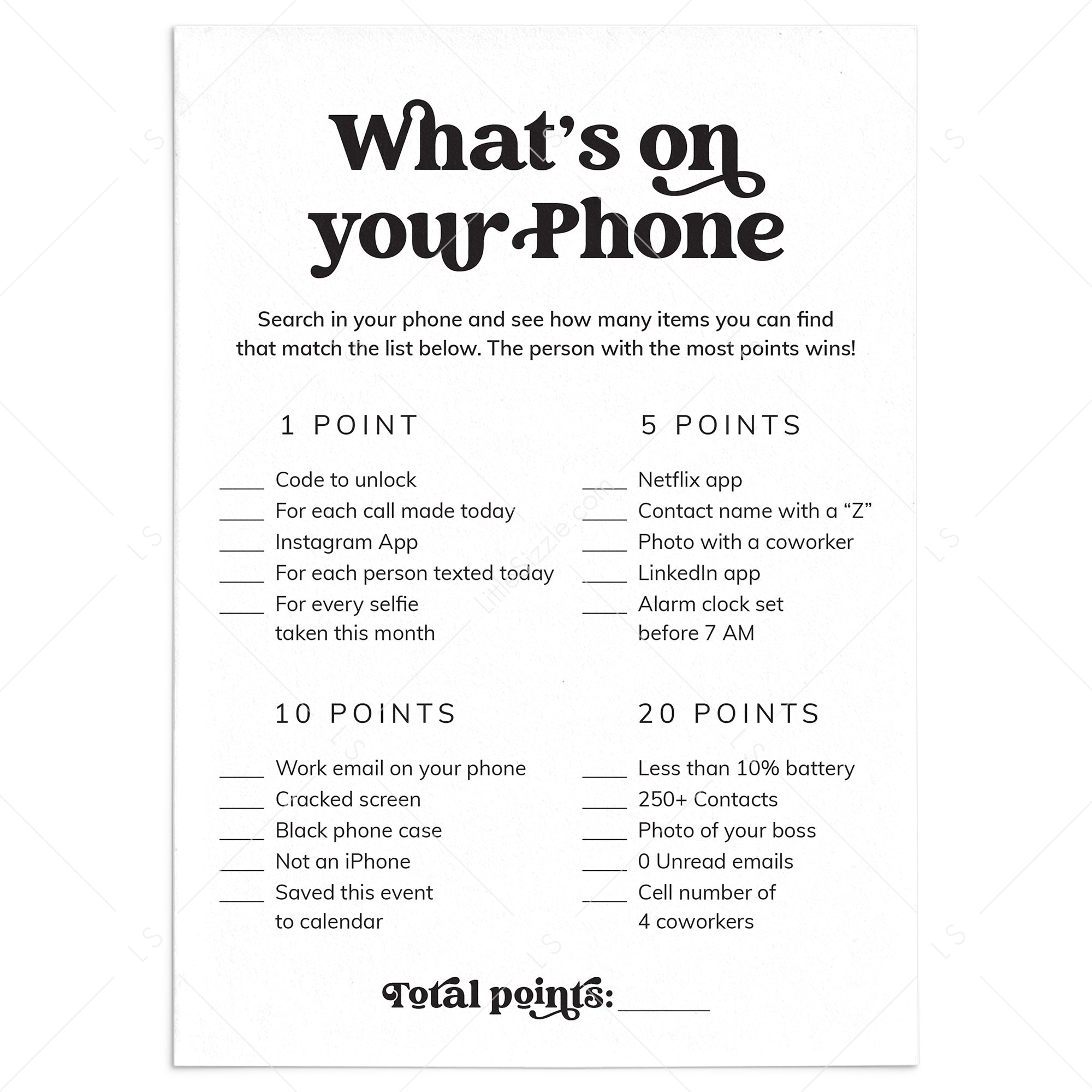 Office Party Printable What's On Your Phone Game by LittleSizzle