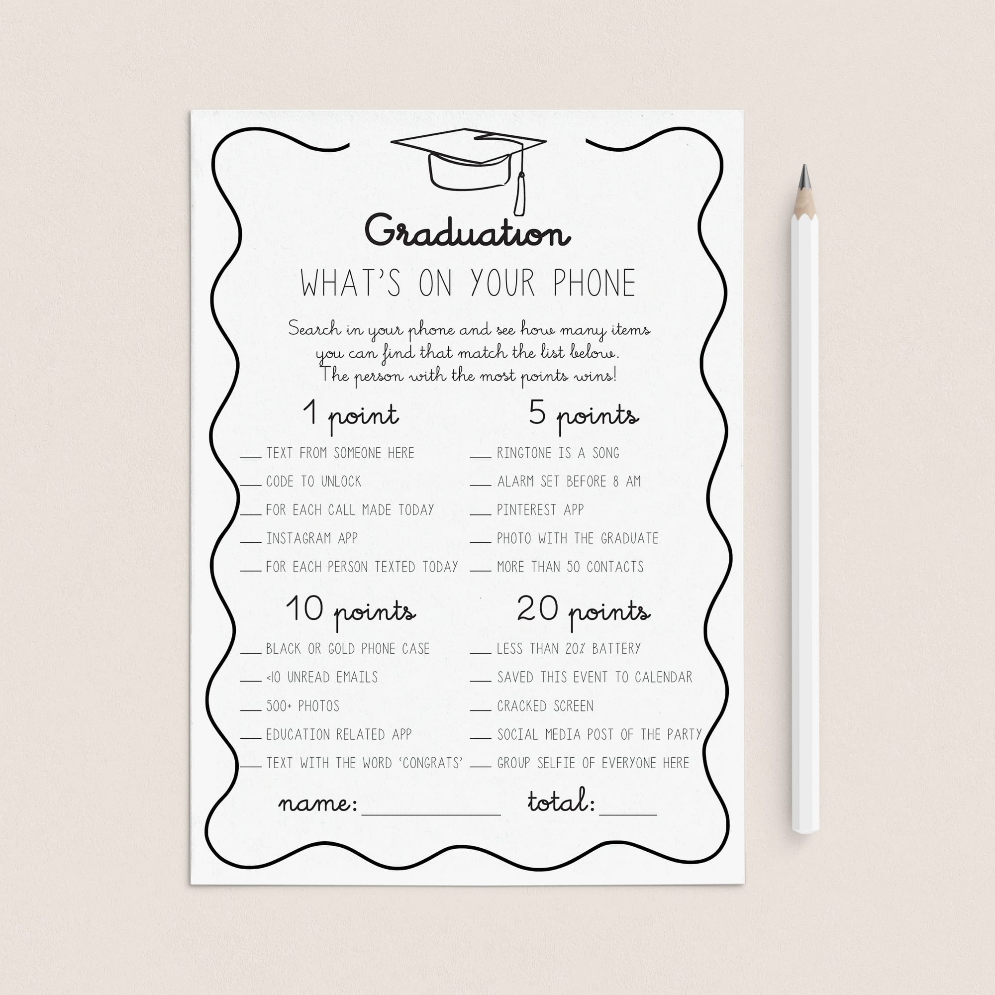 Wavy Border Graduation Party Game What's On Your Phone Printable by LittleSizzle