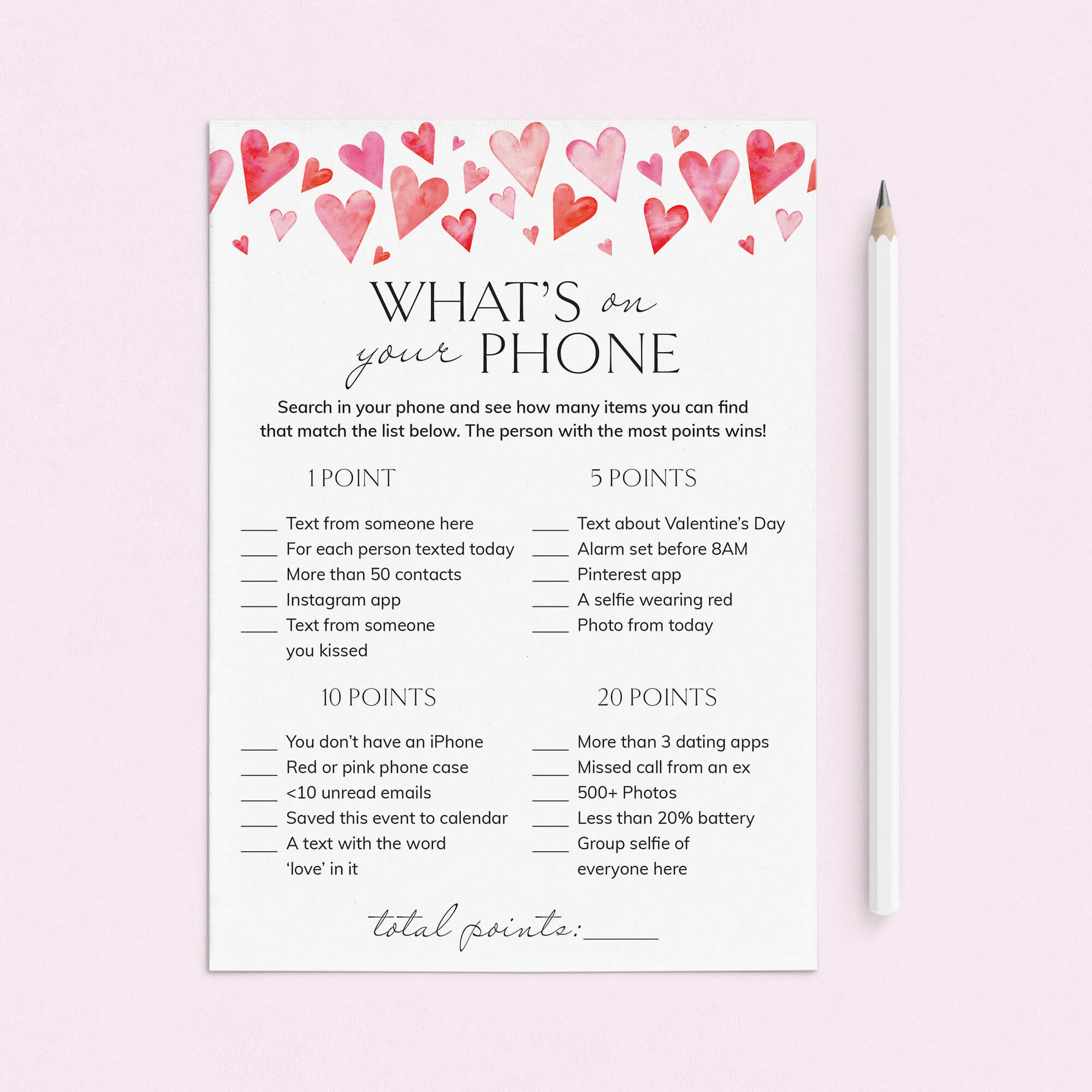 Printable What's On Your Phone Game for Valentine's Day by LittleSizzle