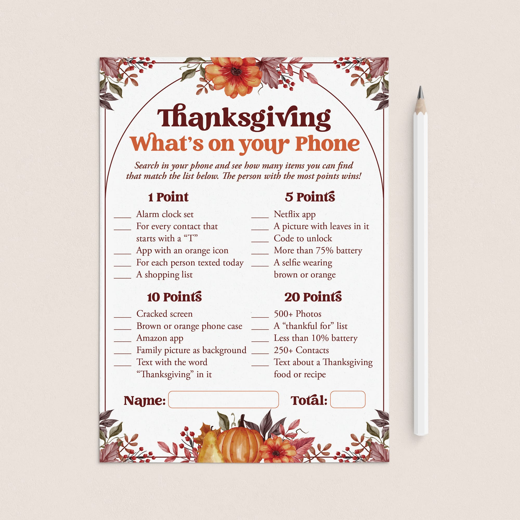 Thanksgiving Phone Game for Adults Printable by LittleSizzle