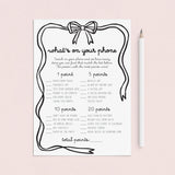 Girls Night Phone Game Printable What's On Your Phone Coquette Bow by LittleSizzle