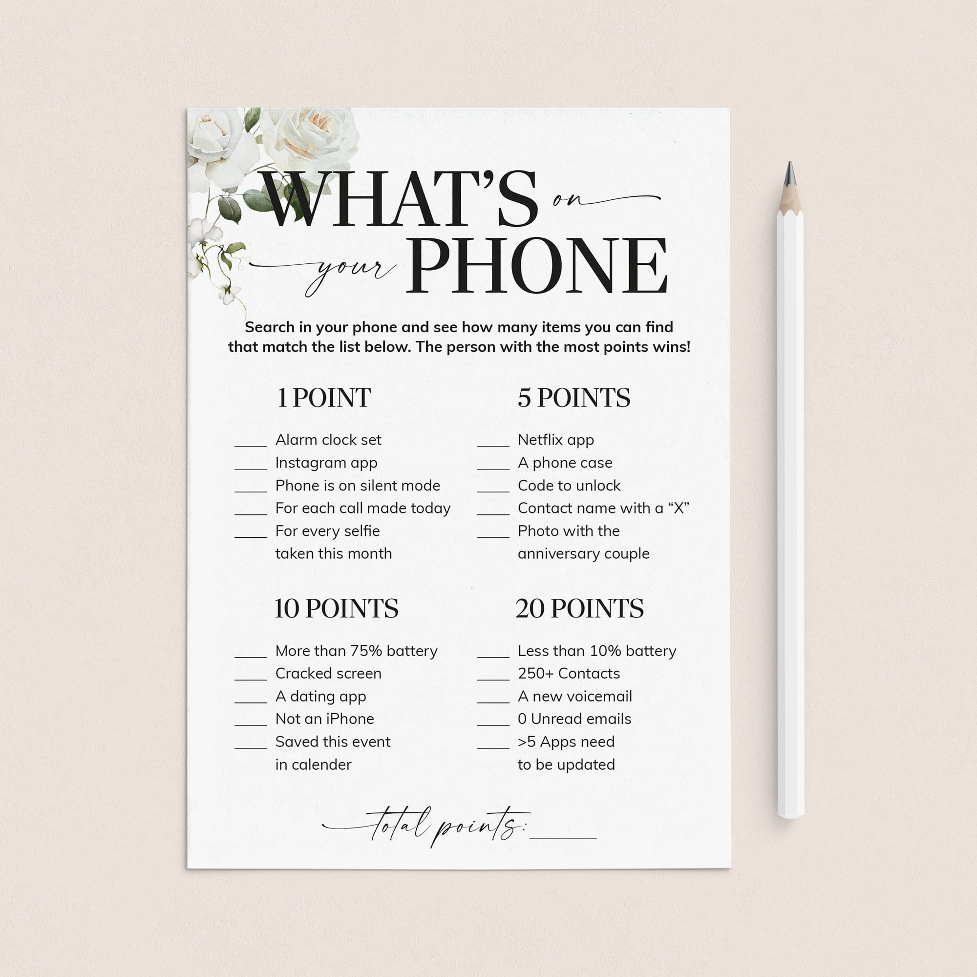 What's On Your Phone Anniversary Party Game White Floral by LittleSizzle