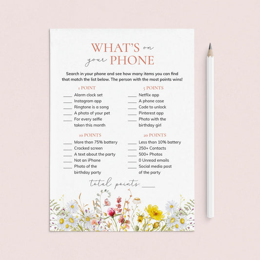 Whats In Your Phone Wildflower Birthday Party Game by LittleSizzle