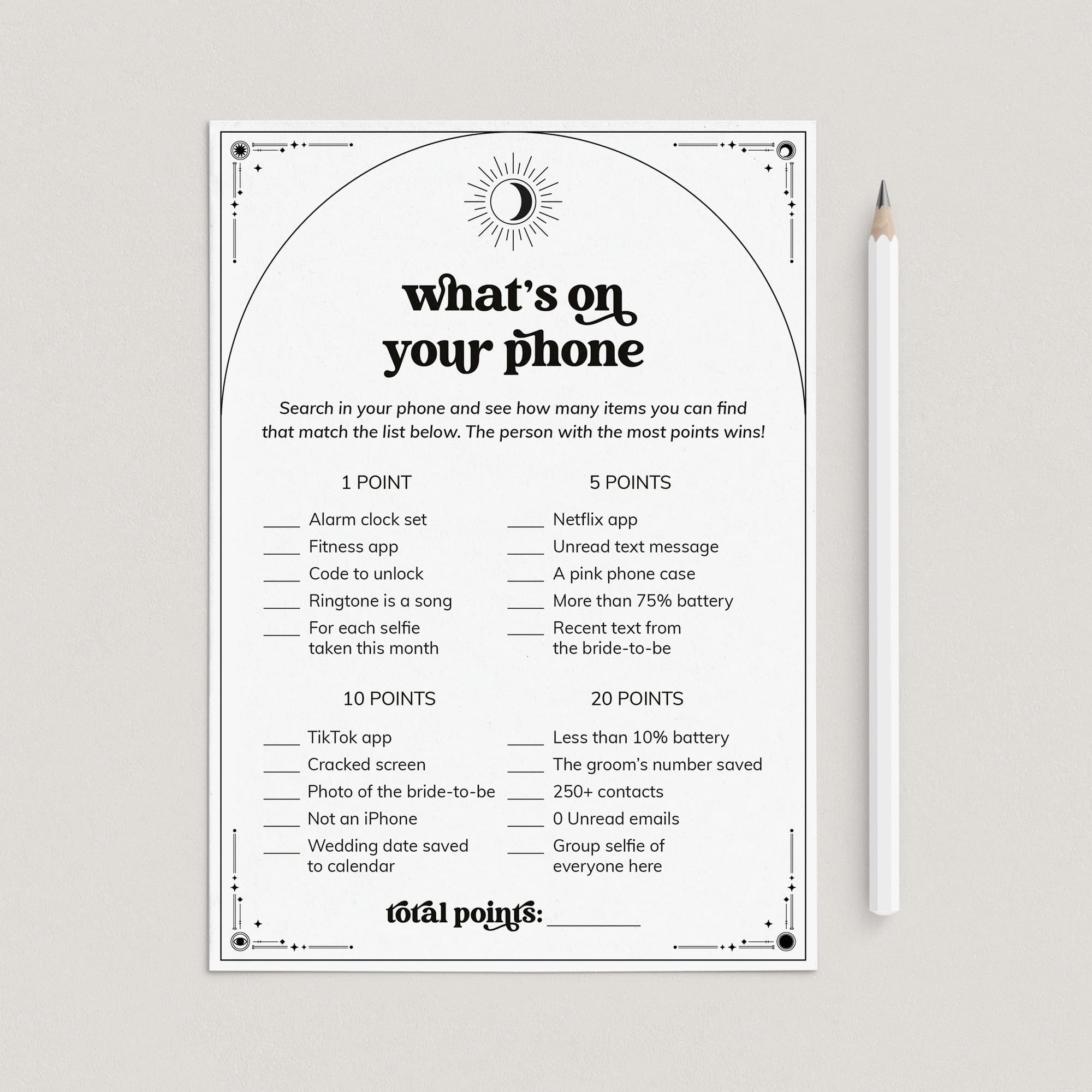 Written In The Stars Wedding Shower Game What's On Your Phone Printable by LittleSizzle