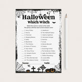 A printable Halloween-themed worksheet titled 'Halloween Which Witch' with black text and spooky black-and-white border graphics, shown on a light beige background with a white pencil beside it.