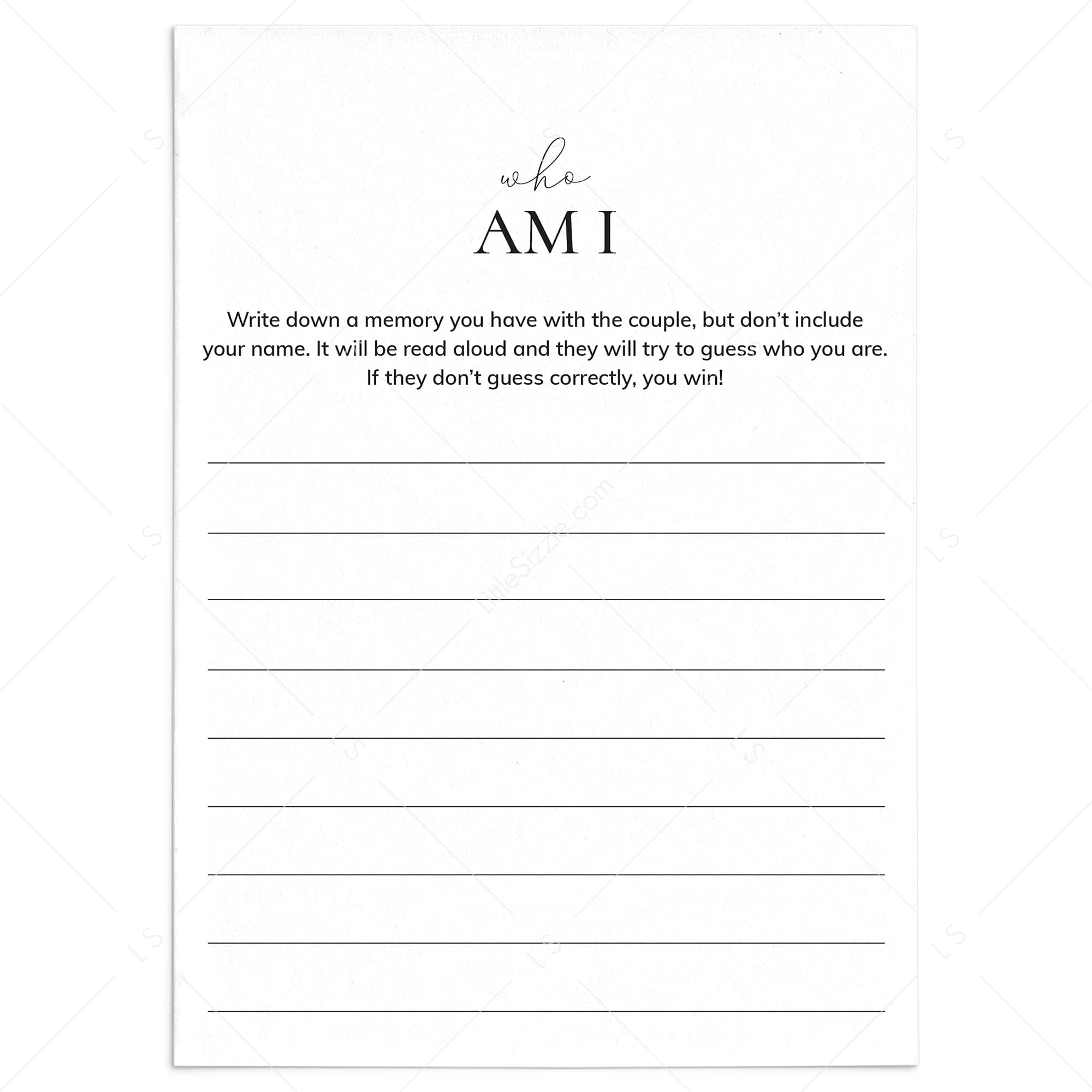 Who Am I Wedding Shower Game Printable by LittleSizzle