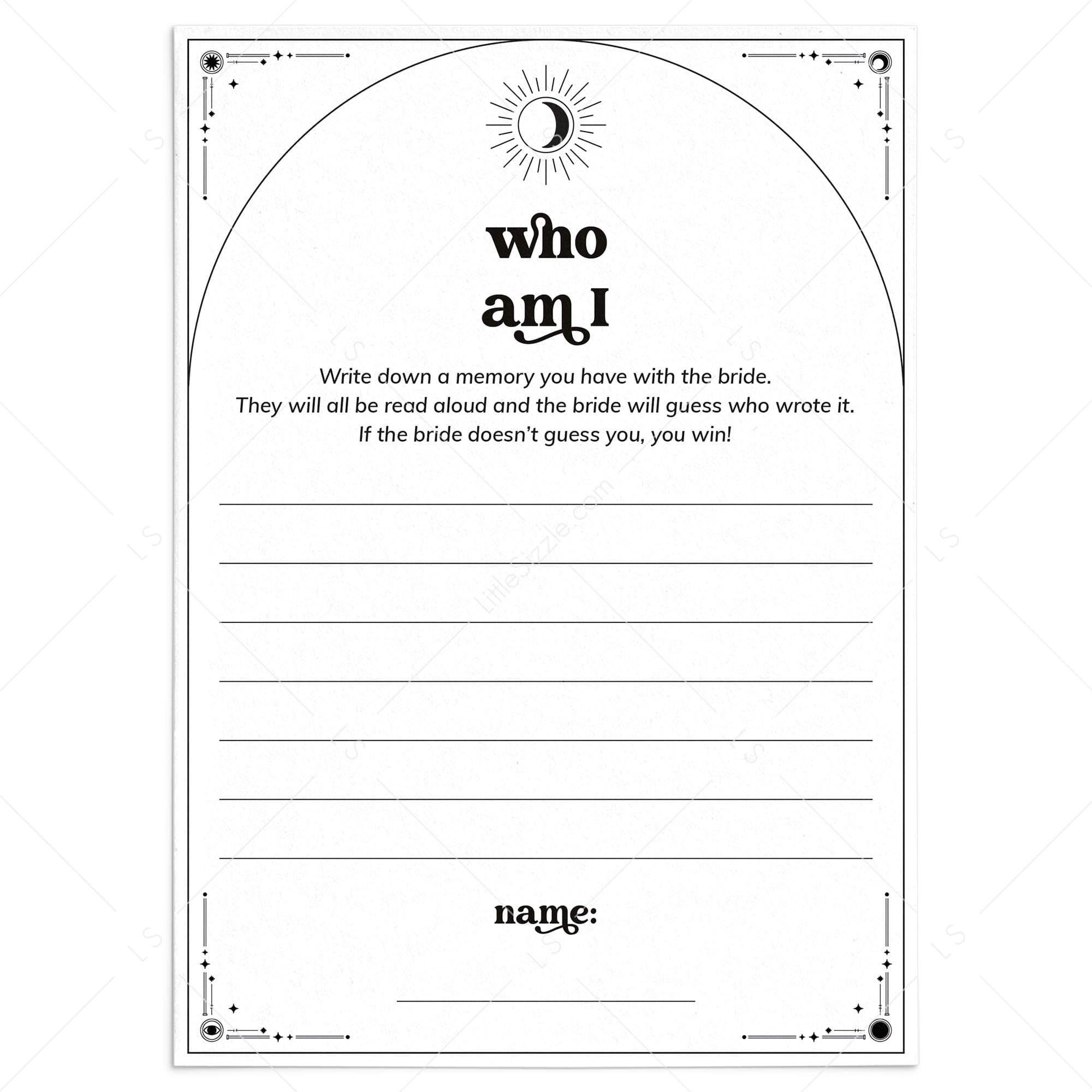 Who Am I Bridal Shower Icebreaker Game Printable Celestial Theme by LittleSizzle