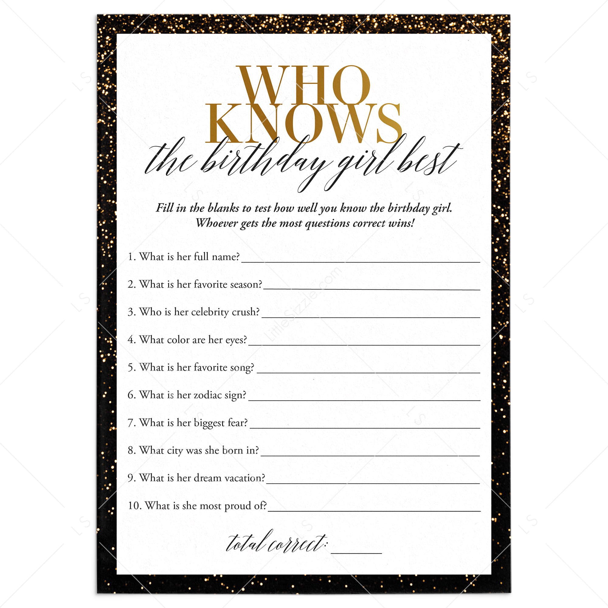 Who Knows The Birthday Girl Best Printable Black and Gold by LittleSizzle
