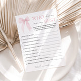 Printable Pink Bow Baby Shower Game Who Knows Mommy Best