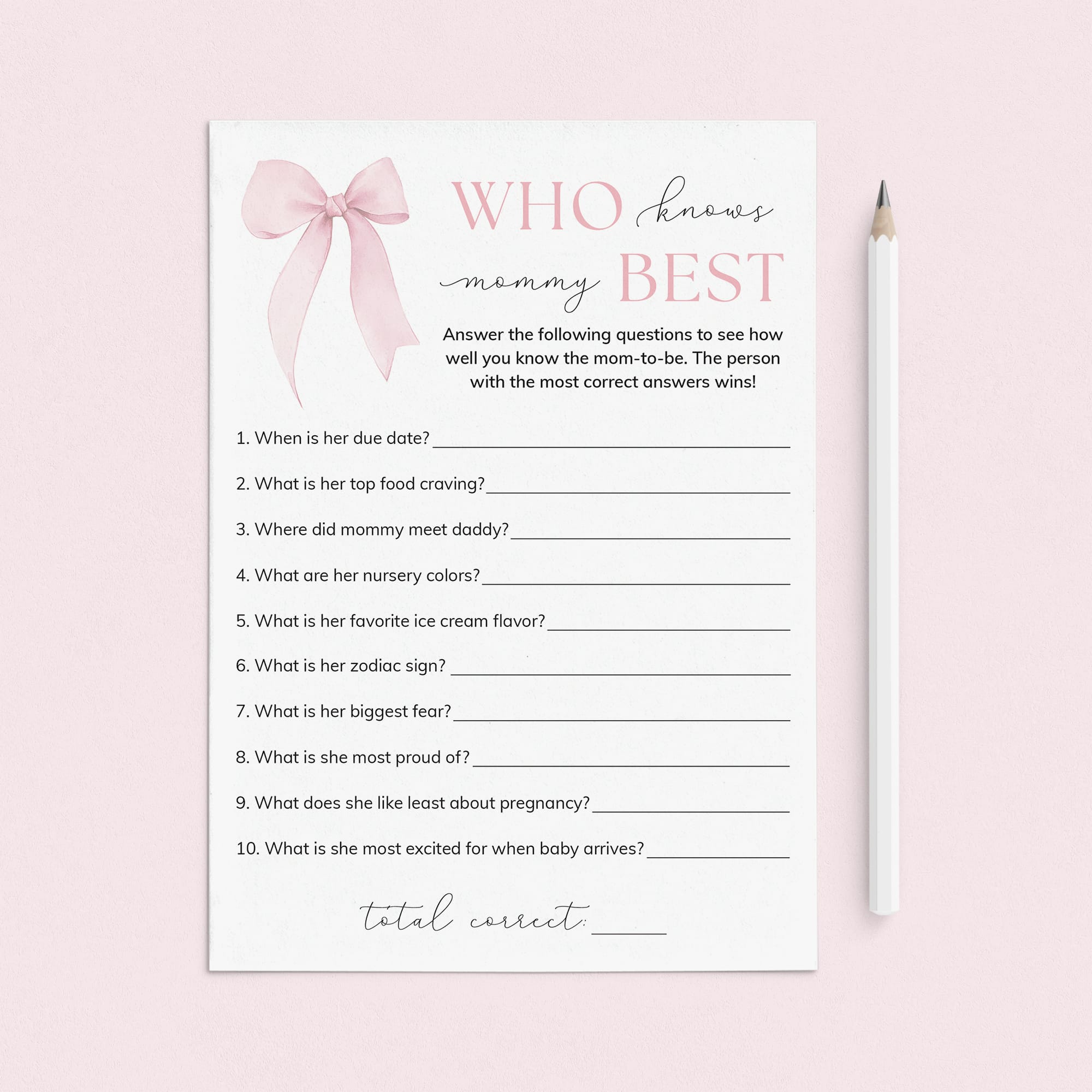 Printable Pink Bow Baby Shower Game Who Knows Mommy Best by LittleSizzle