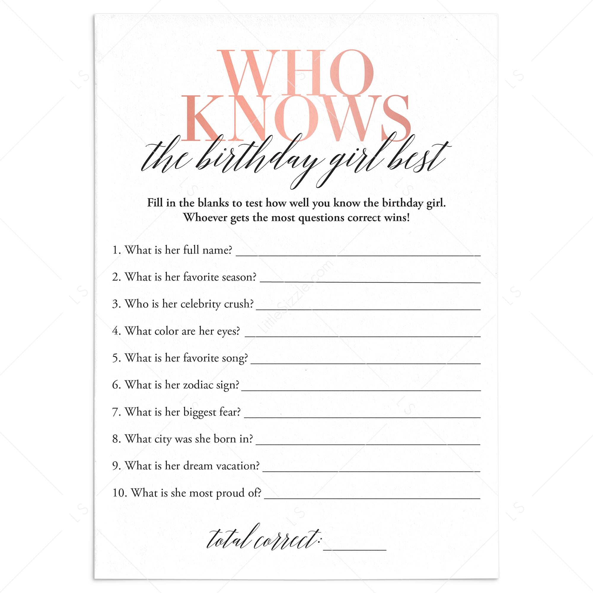 Who Knows The Birthday Girl Best Game Printable by LittleSizzle