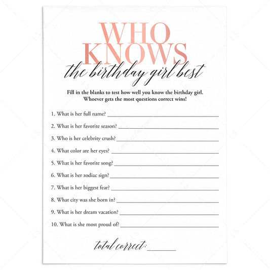 Who Knows The Birthday Girl Best Game Printable by LittleSizzle