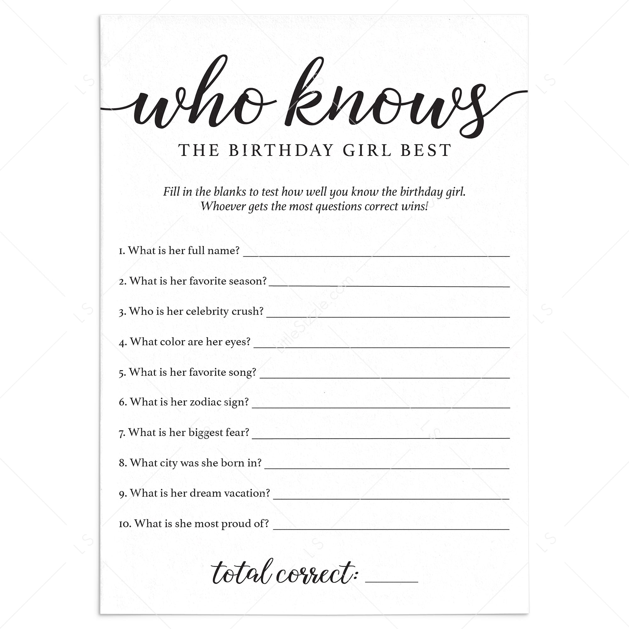Birthday Trivia Game Printable Who Knows The Birthday Girl Best by LittleSizzle