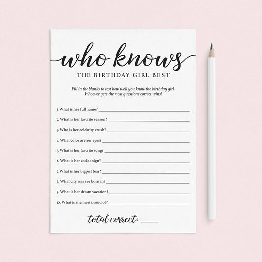 Birthday Trivia Game Printable Who Knows The Birthday Girl Best by LittleSizzle