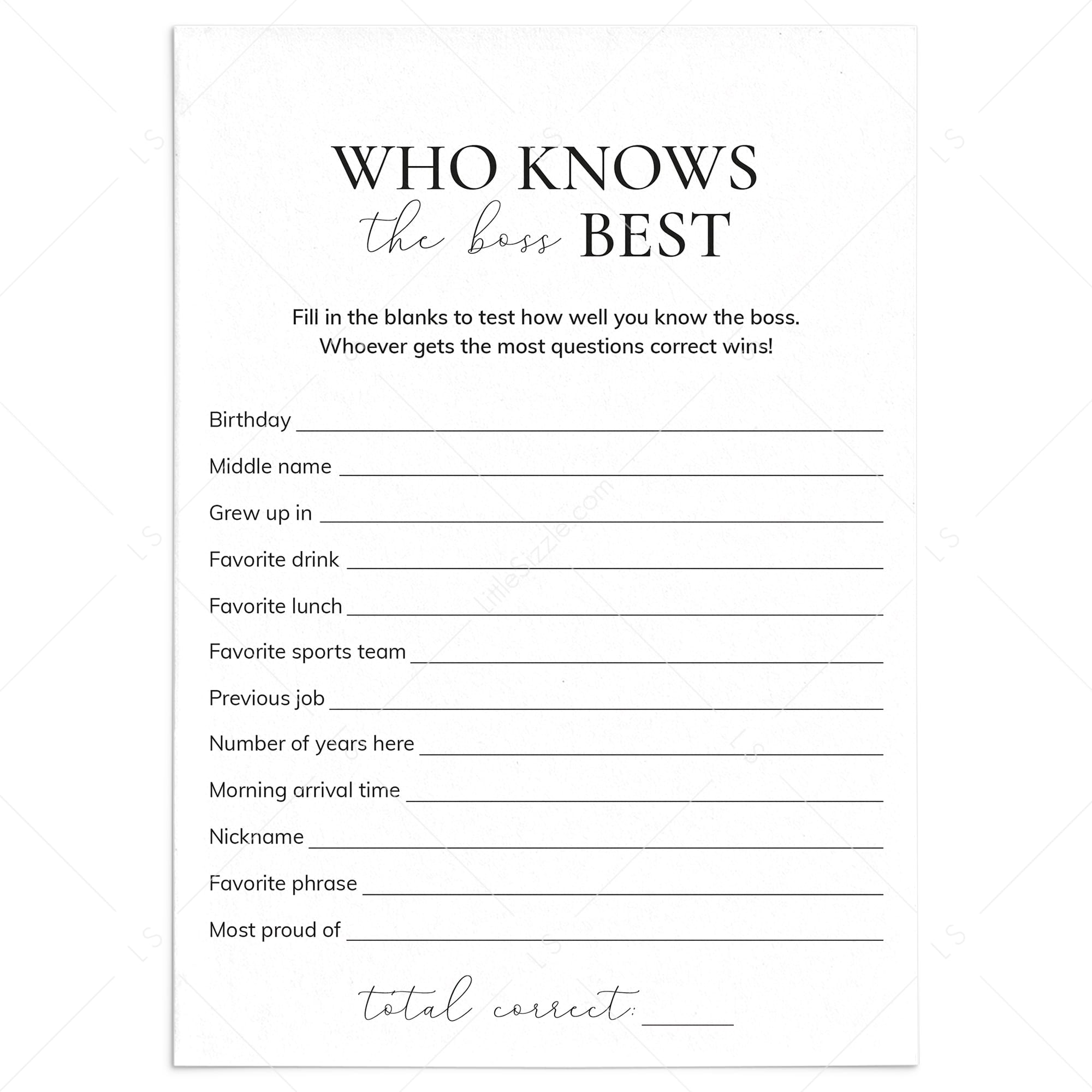 Printable Who Knows The Boss Best Quiz | Fun Office Party Game by LittleSizzle