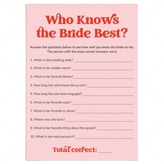 Pink Red Bridal Shower Game Who Knows The Bride Best by LittleSizzle