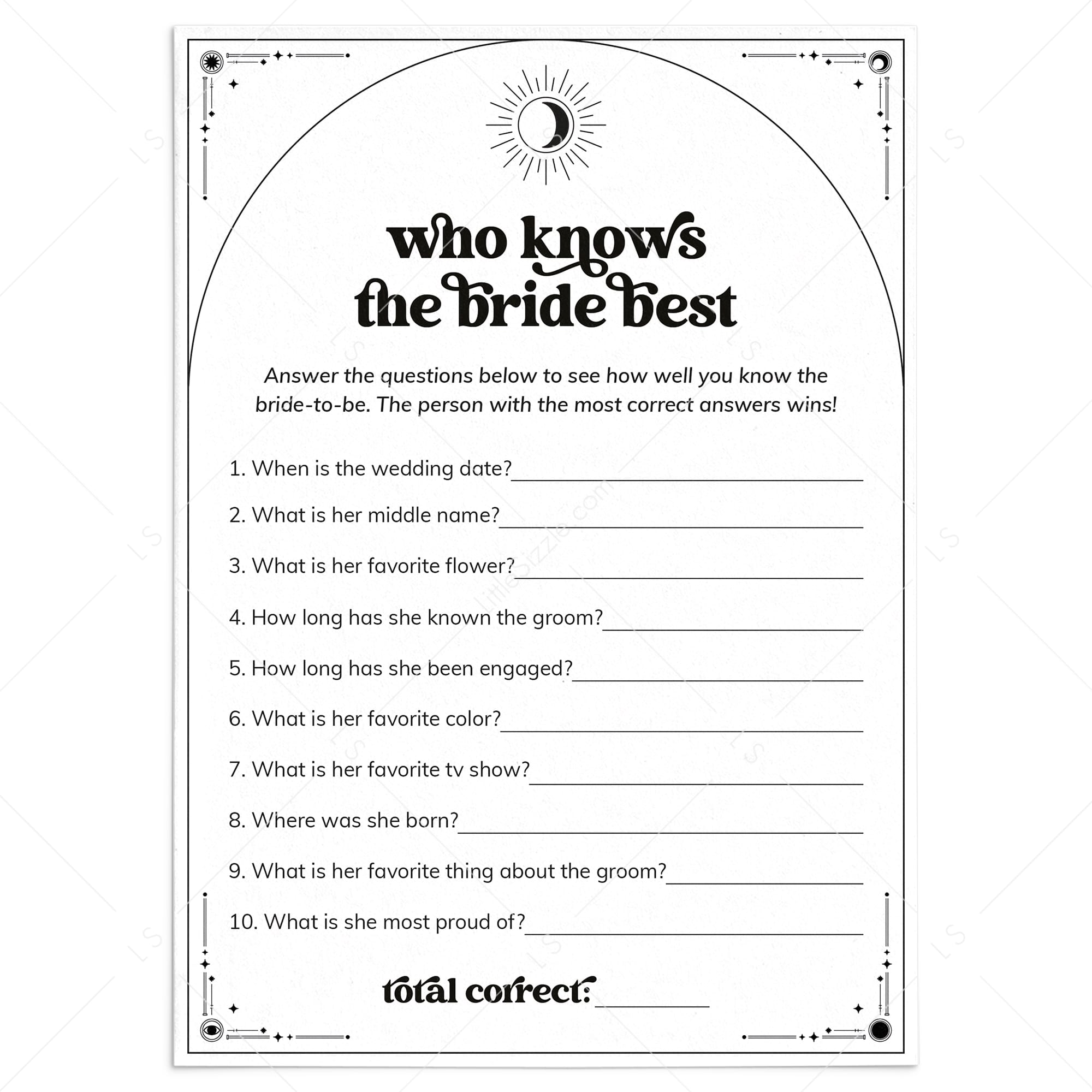 Who Knows The Bride Best Game Printable | Written In The Stars theme by LittleSizzle