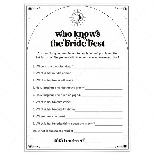 Who Knows The Bride Best Game Printable | Written In The Stars theme by LittleSizzle