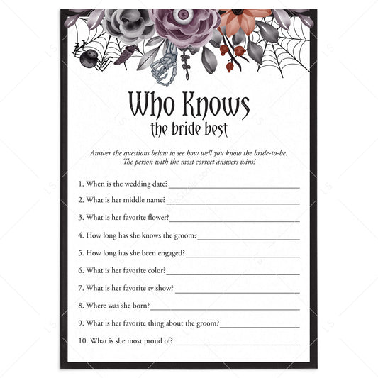 Gothic Bridal Shower Game Who Knows The Bride Best Printable