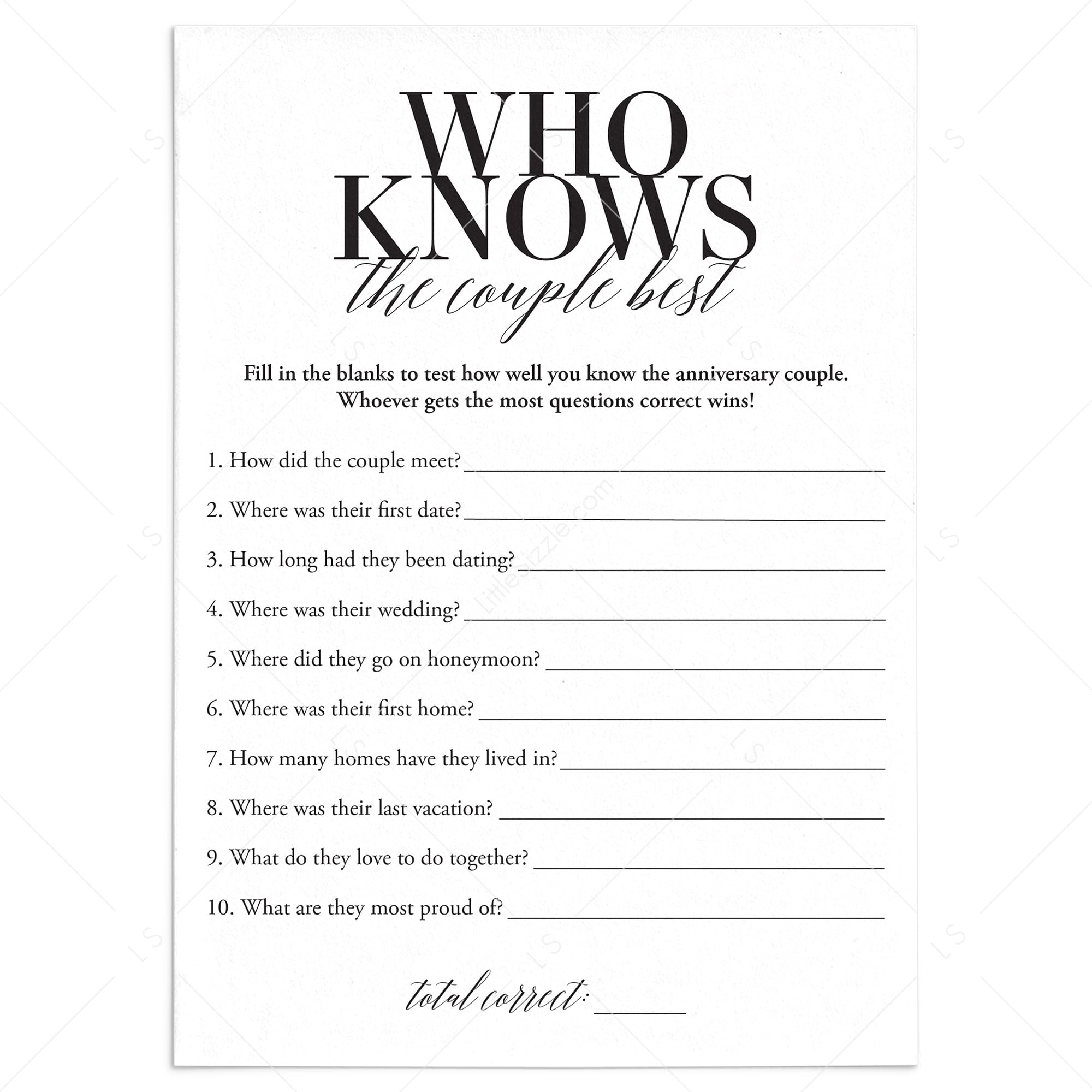 Anniversary Party Trivia Game Who Knows The Couple Best Printable by LittleSizzle