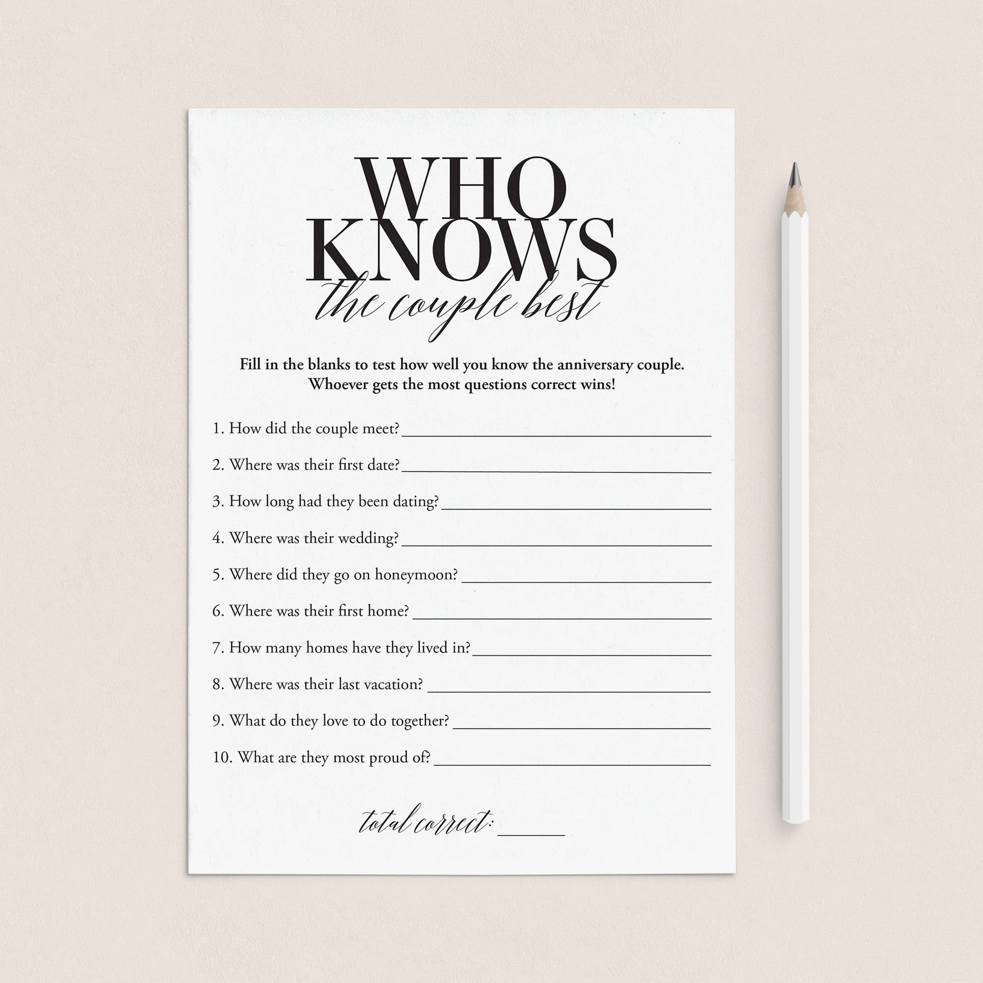Anniversary Party Trivia Game Who Knows The Couple Best Printable by LittleSizzle