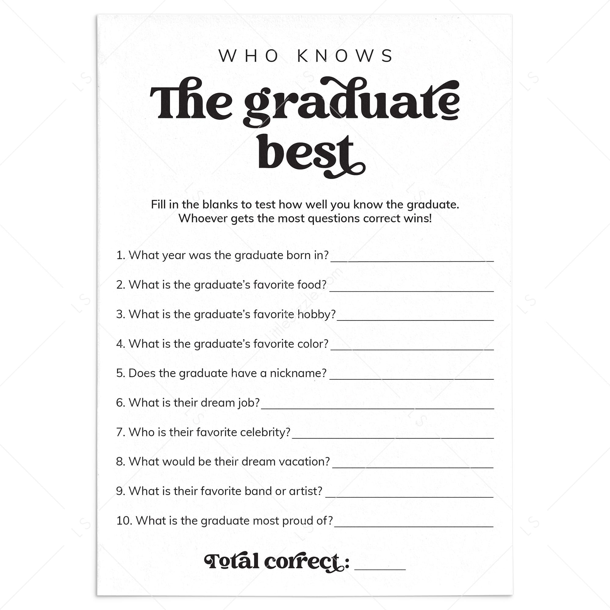 Who Knows The Graduate Best Questions Printable by LittleSizzle