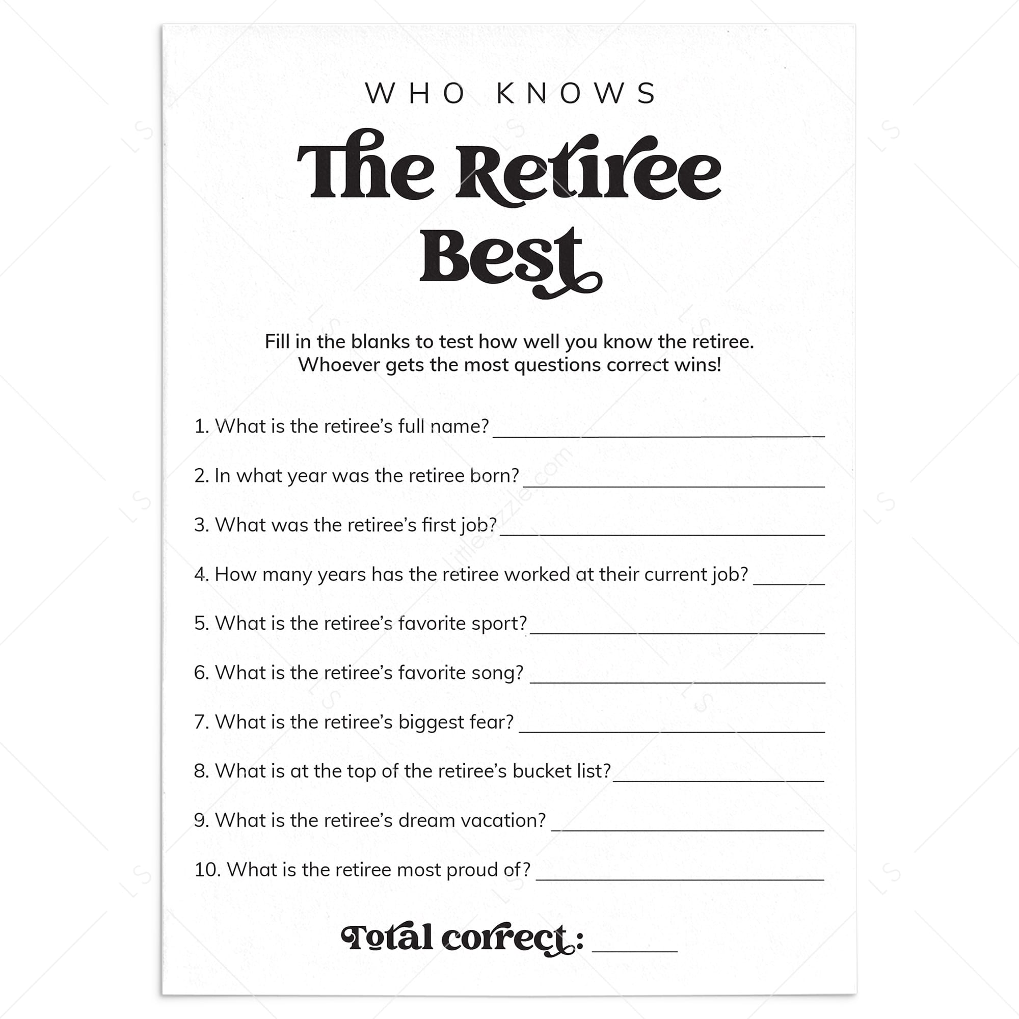Who Knows The Retiree Best Questions Printable by LittleSizzle