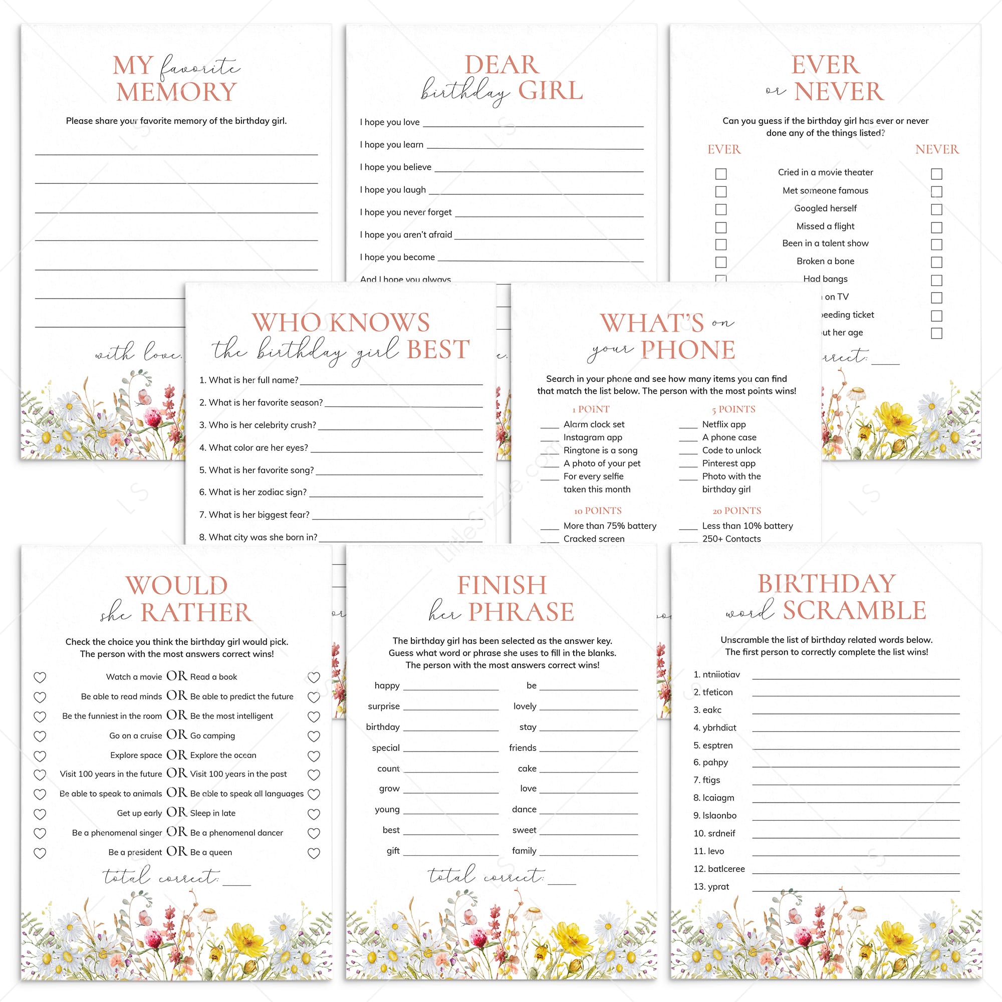 Wildflower Birthday Party Games for Her Printable by LittleSizzle