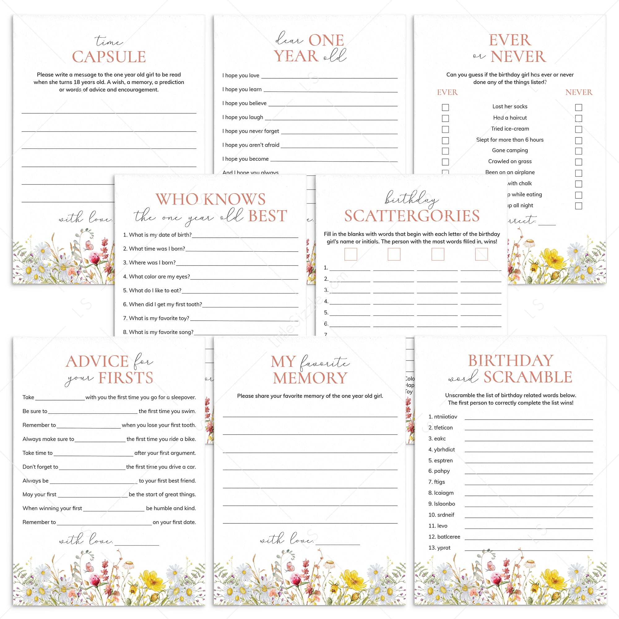 Wildflower First Birthday Party Games Bundle Printable by LittleSizzle