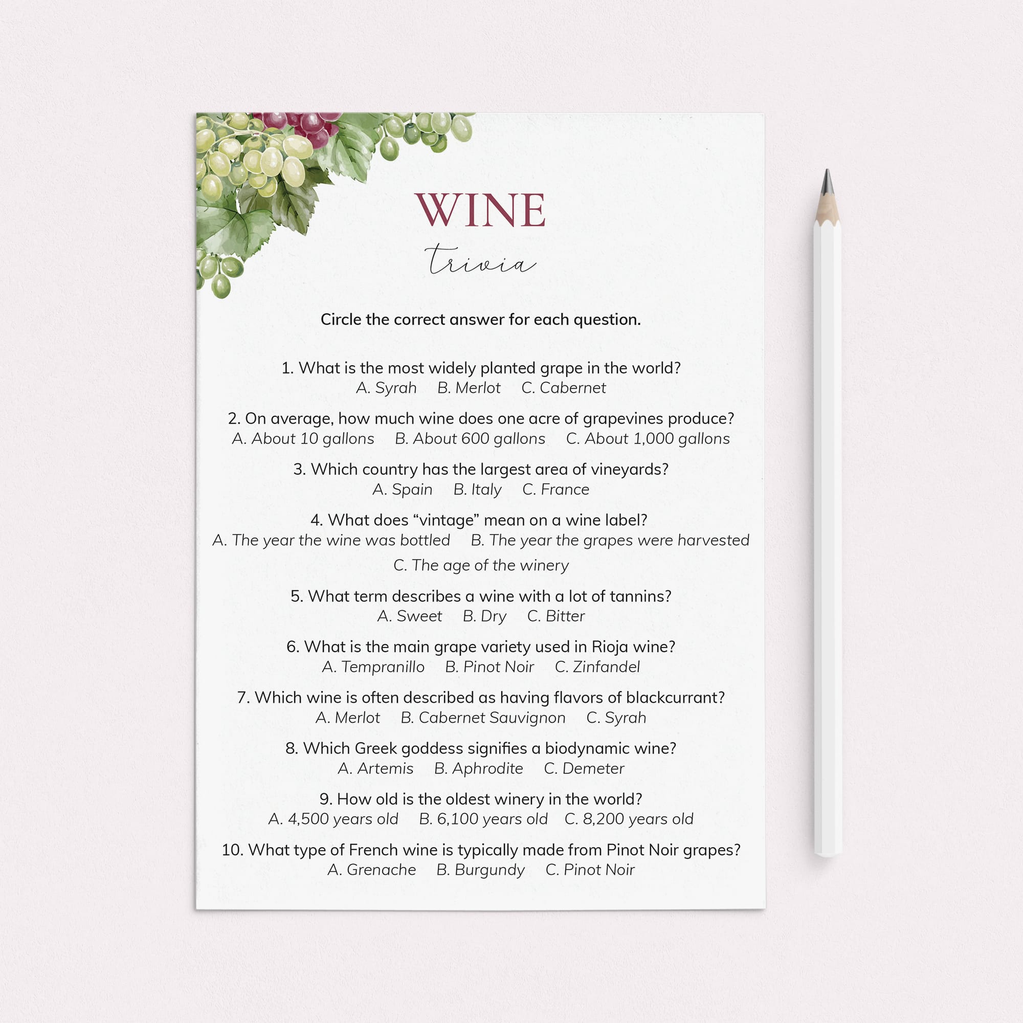 Printable Wine Trivia with Answers by LittleSizzle