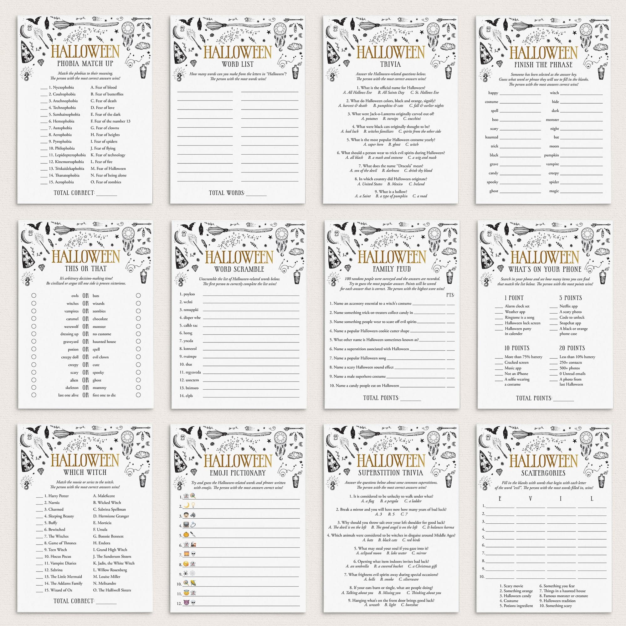Witchcraft Halloween Party Games Bundle Printable by LittleSizzle