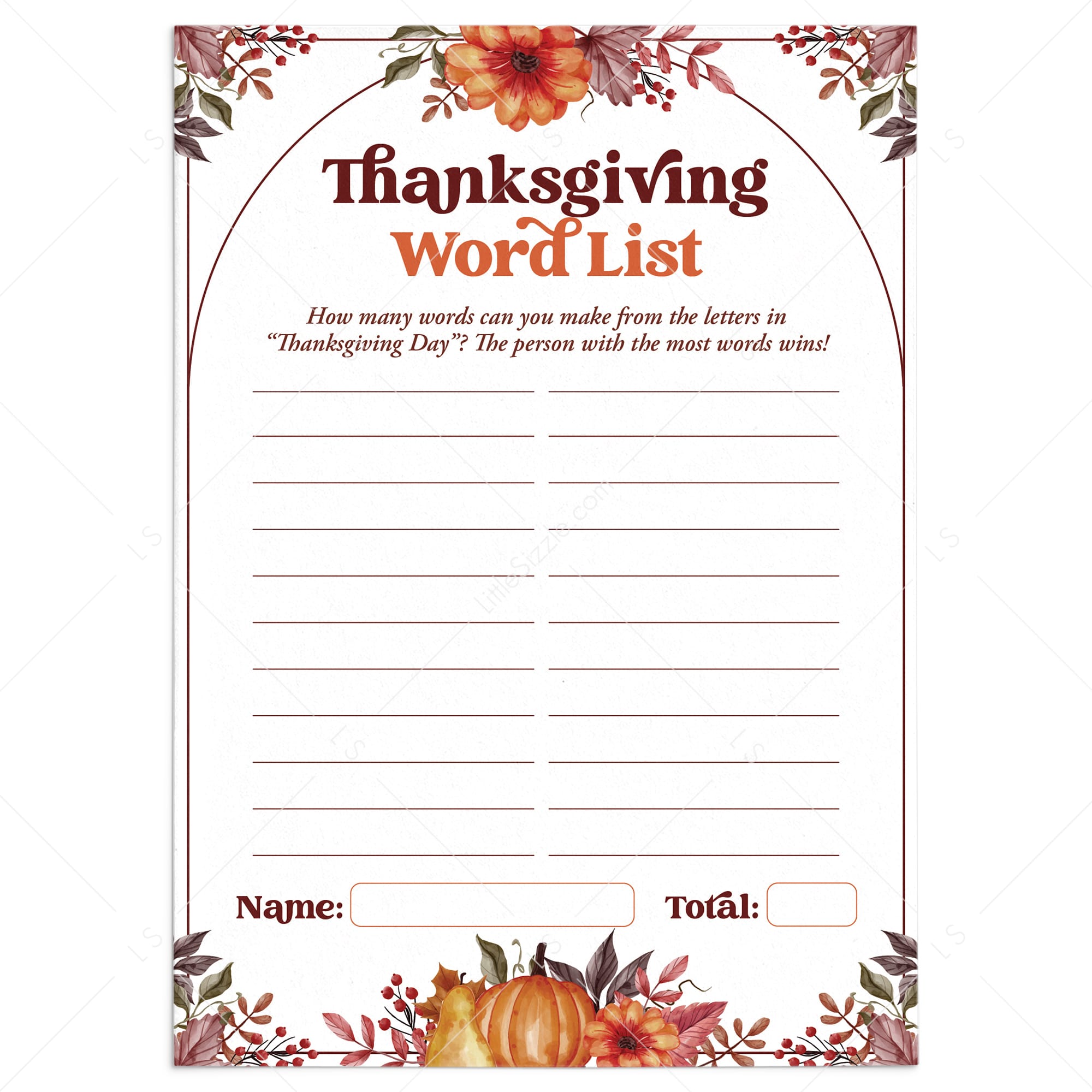 Printable Thanksgiving Family Game Word List by LittleSizzle