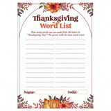 Printable Thanksgiving Family Game Word List by LittleSizzle