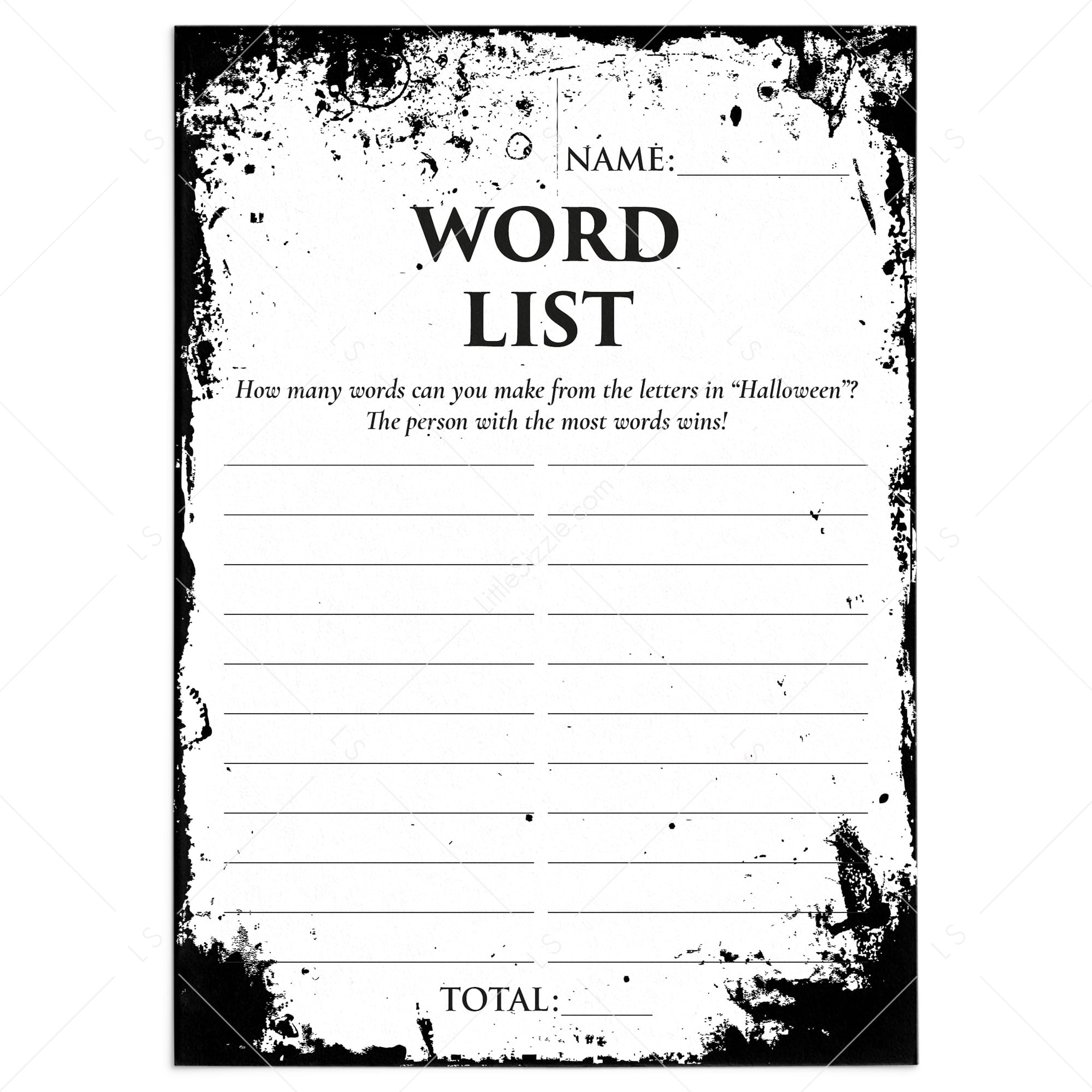 Halloween Word List Game Printable | Eerie Grunge by LittleSizzle