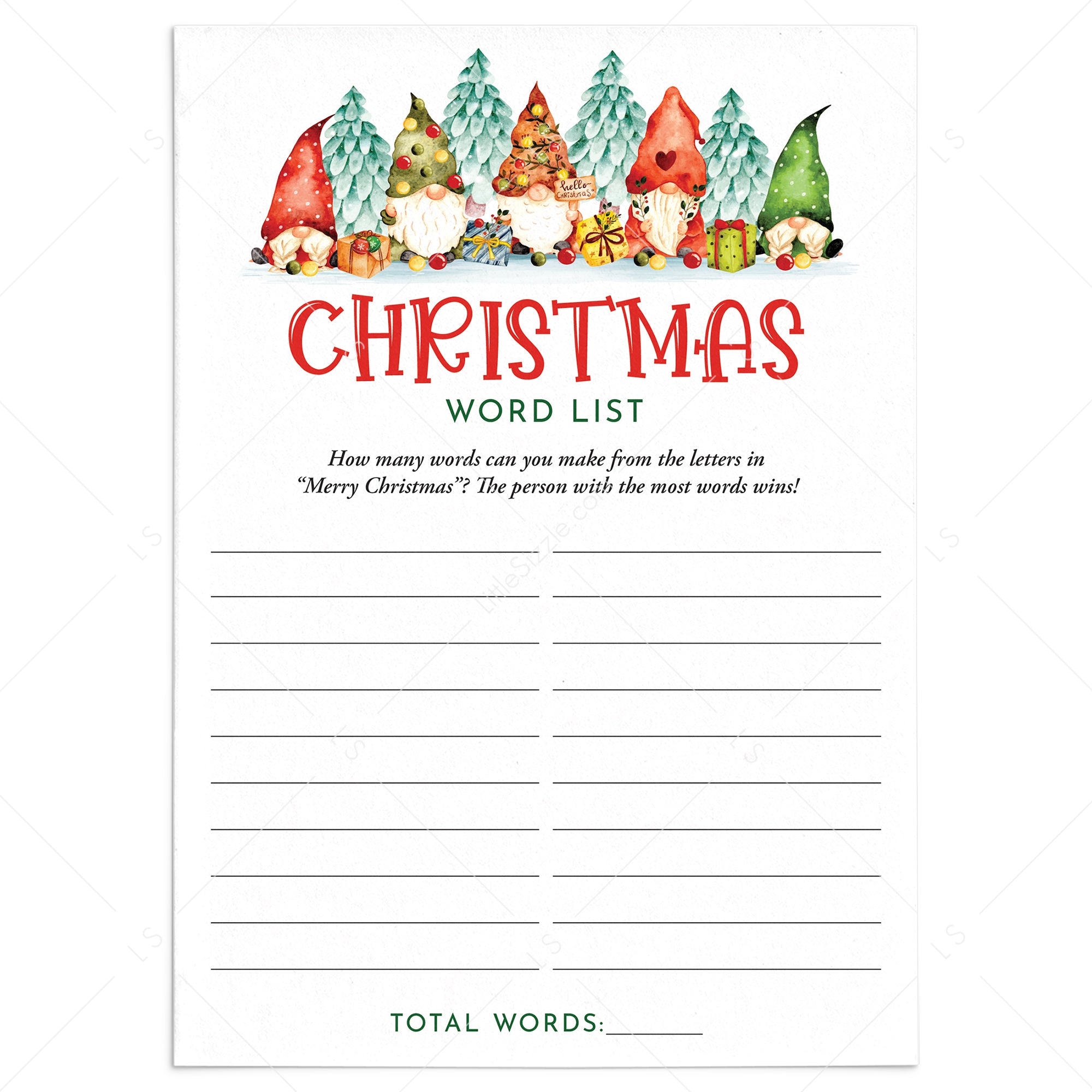 Printable Christmas Word Game with Christmas Gnomes by LittleSizzle