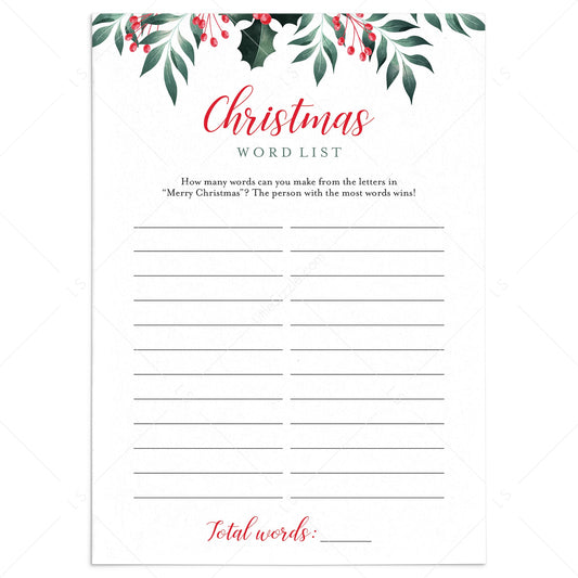 Quick Christmas Game Printable Word List by LittleSizzle