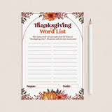 Printable Thanksgiving Family Game Word List by LittleSizzle