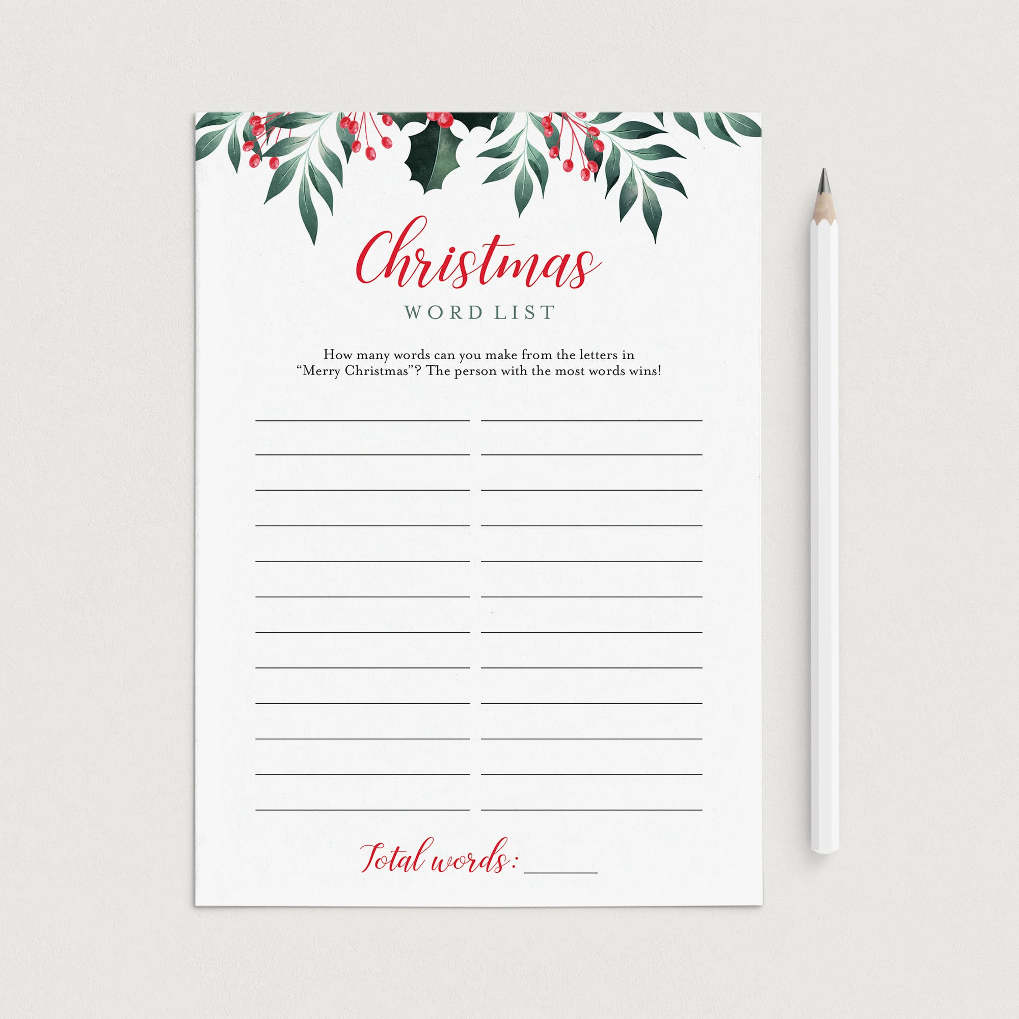 Quick Christmas Game Printable Word List by LittleSizzle