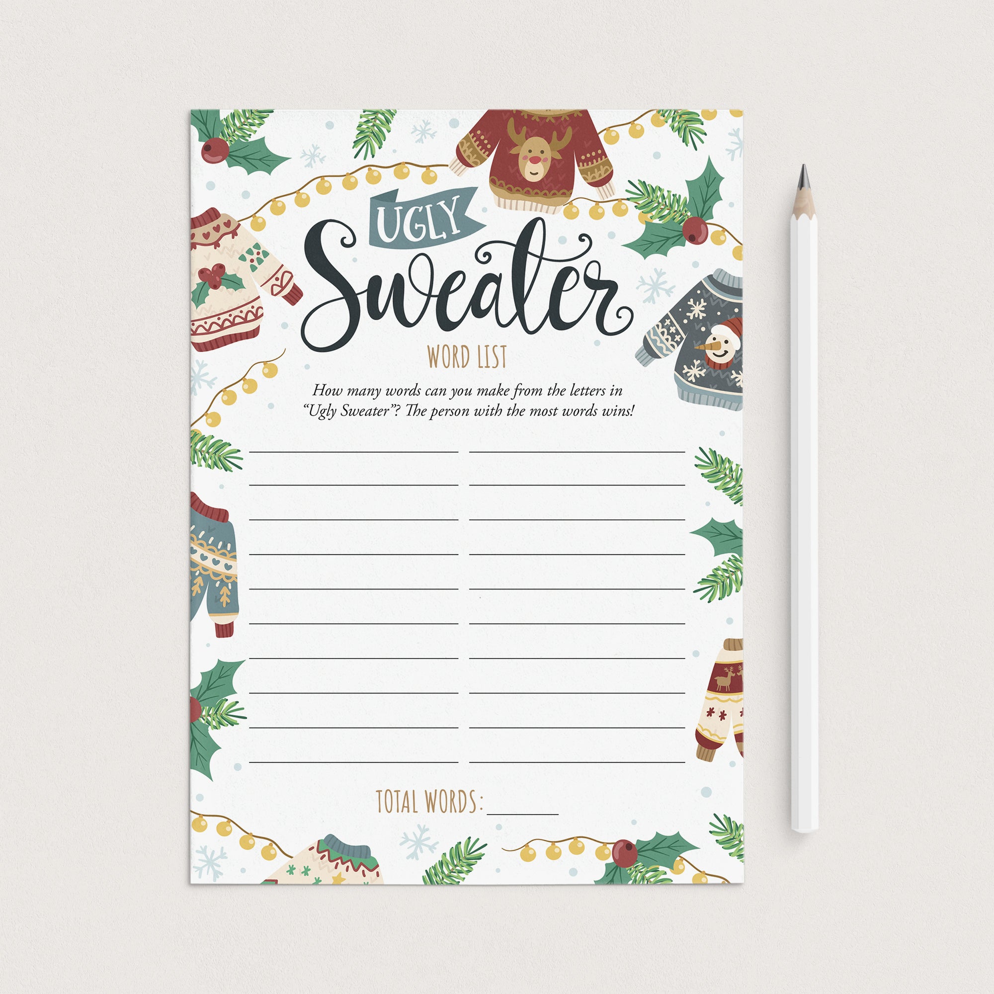 Easy Christmas Ugly Sweater Party Game Printable Word List by LittleSizzle