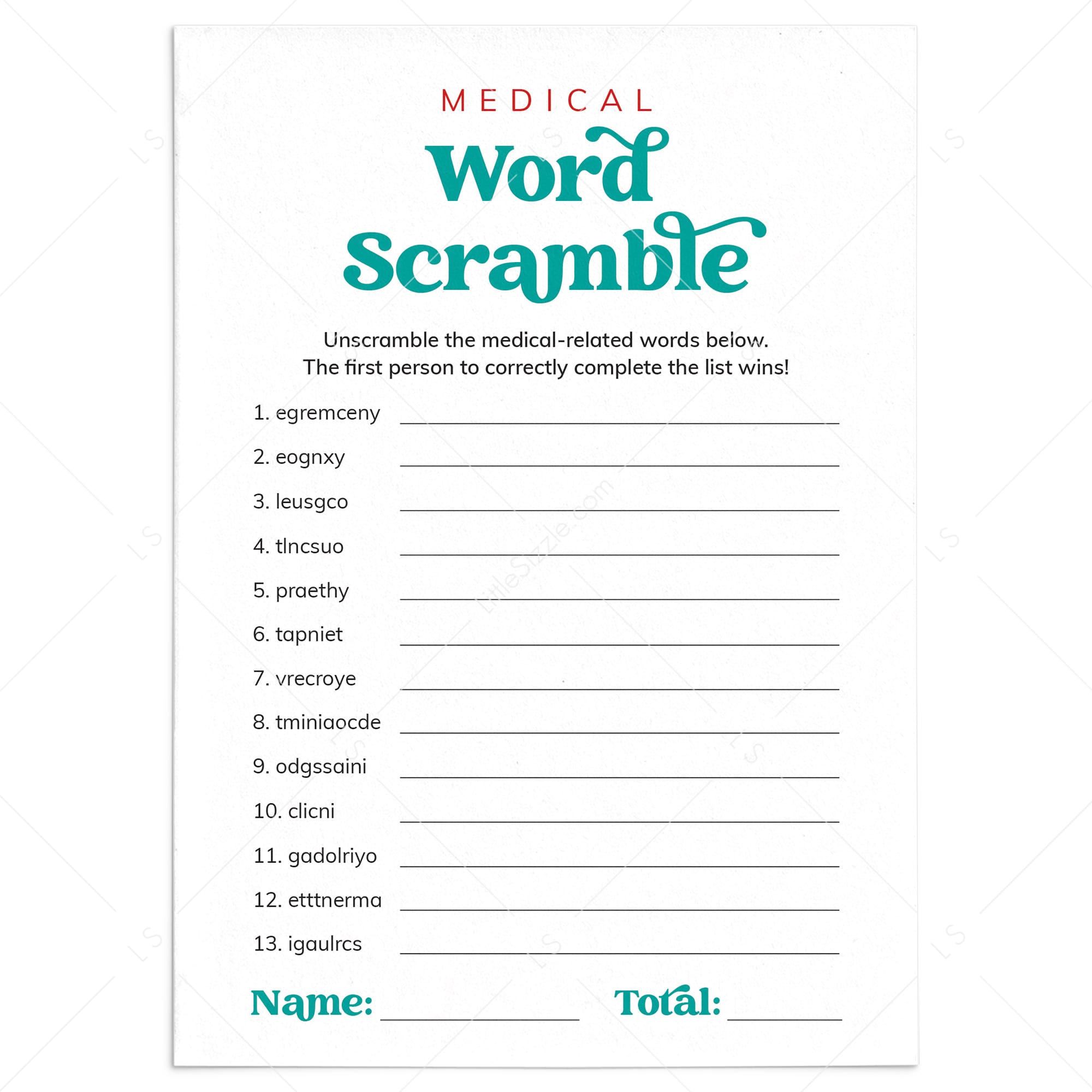 Medical Game Word Scramble with Answer Key Printable by LittleSizzle