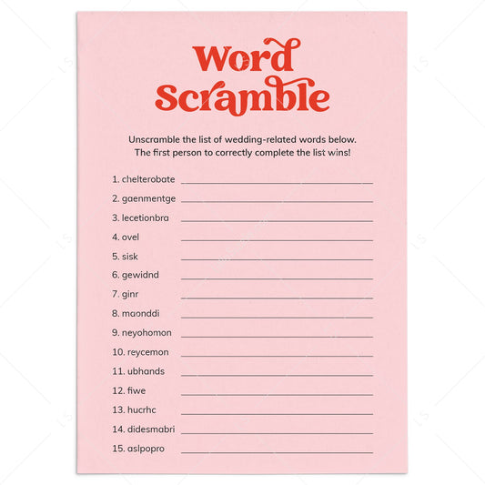 Red Pink Bridal Shower Word Scramble Answers Included Printable by LittleSizzle