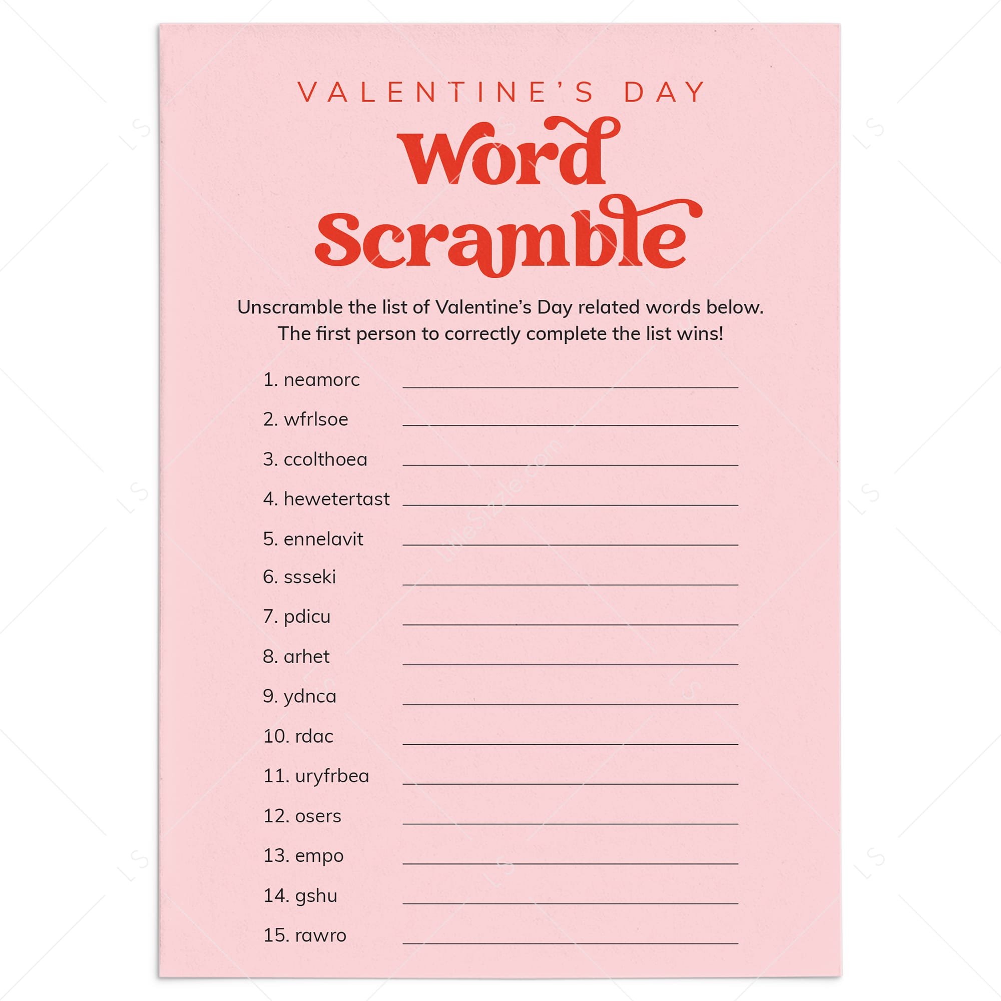 Valentine's Day Word Scramble Printable with Answers by LittleSizzle